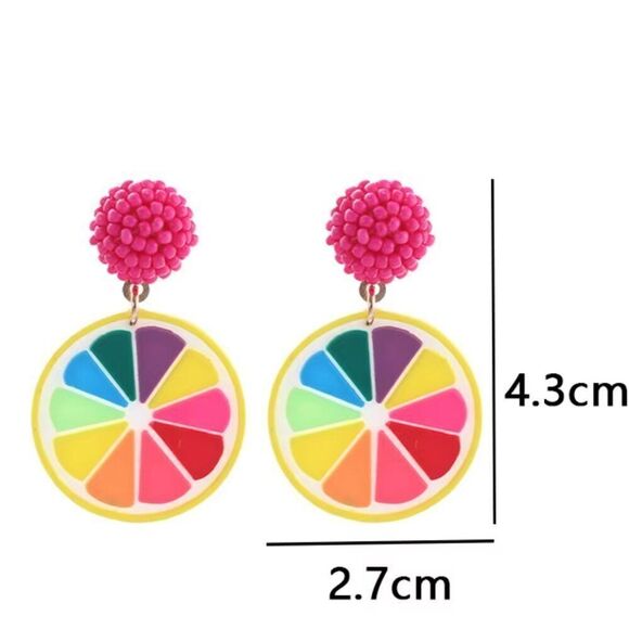 Rainbow Lemon Slice Pink Beaded Dangle Earrings - Picture 4 of 4